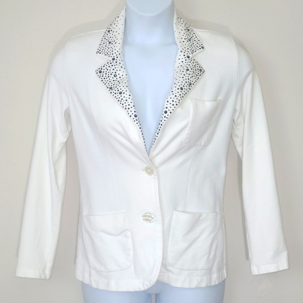 Christine Alexander White Stretch Jersey Blazer M Crystal Studded Collar Soft
